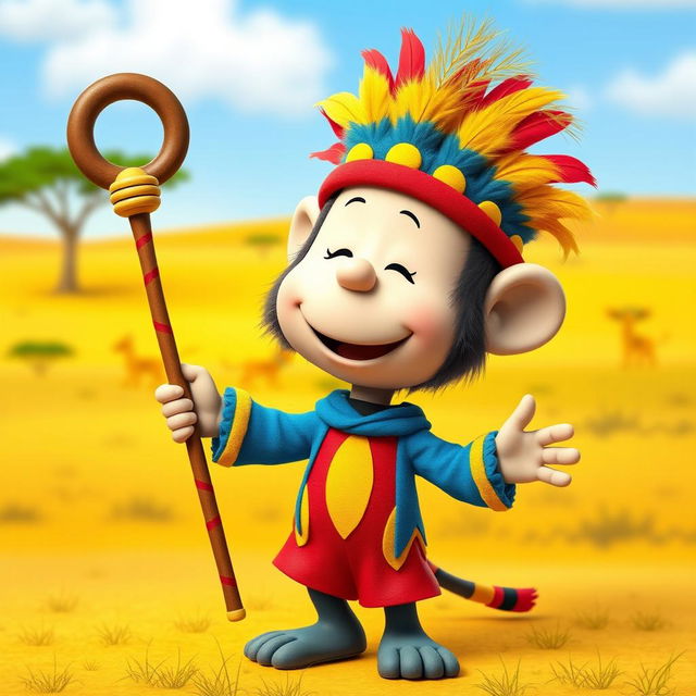 A cartoon character from the Peanuts comic strip, dressed in the costume of Rafiki, the mandrill from The Lion King, featuring Rafiki's distinctive colorful headpiece adorned with feathers