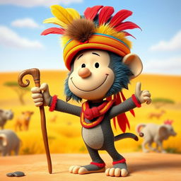 A cartoon character from the Peanuts comic strip, dressed in the costume of Rafiki, the mandrill from The Lion King, featuring Rafiki's distinctive colorful headpiece adorned with feathers