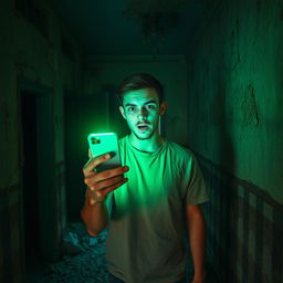 In an abandoned old house, a terrified 18 year old young man stands amidst the decay, illuminating his surroundings with the eerie green light from his iPhone