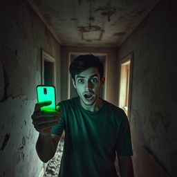 In an abandoned old house, a terrified 18 year old young man stands amidst the decay, illuminating his surroundings with the eerie green light from his iPhone