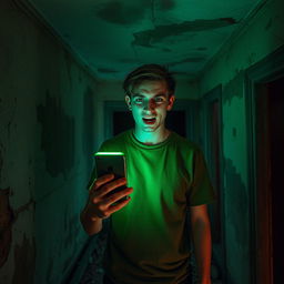 In an abandoned old house, a terrified 18 year old young man stands amidst the decay, illuminating his surroundings with the eerie green light from his iPhone