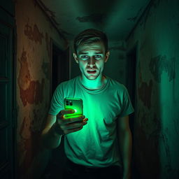 In an abandoned old house, a terrified 18 year old young man stands amidst the decay, illuminating his surroundings with the eerie green light from his iPhone
