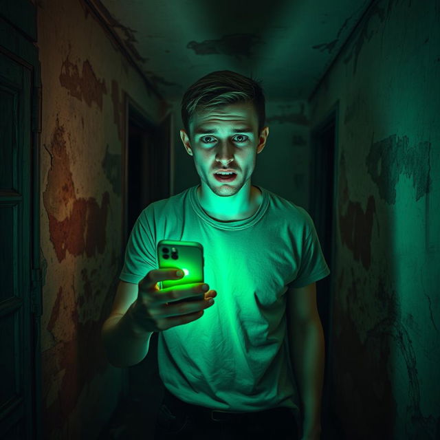 In an abandoned old house, a terrified 18 year old young man stands amidst the decay, illuminating his surroundings with the eerie green light from his iPhone