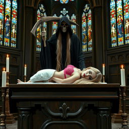 In a grand Catholic church altar setting, with exquisite stained glass windows illuminating the space, a dramatic scene unfolds