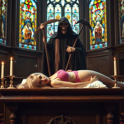 In a grand Catholic church altar setting, with exquisite stained glass windows illuminating the space, a dramatic scene unfolds