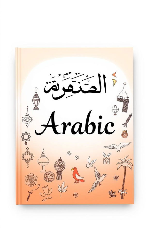 A book cover design featuring elegant Arabic calligraphy displaying the word "Arabic" prominently, surrounded by whimsical line art illustrations that represent Arabic vocabulary, such as traditional Arabic lamps, geometric patterns, and stylized depictions of cultural symbols like a falcon and palm trees