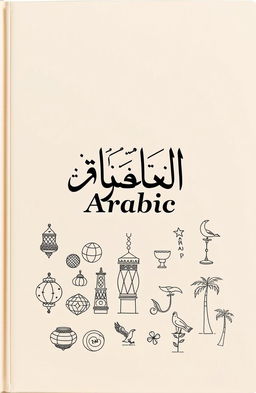 A book cover design featuring elegant Arabic calligraphy displaying the word "Arabic" prominently, surrounded by whimsical line art illustrations that represent Arabic vocabulary, such as traditional Arabic lamps, geometric patterns, and stylized depictions of cultural symbols like a falcon and palm trees