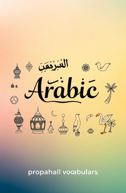 A book cover design featuring elegant Arabic calligraphy displaying the word "Arabic" prominently, surrounded by whimsical line art illustrations that represent Arabic vocabulary, such as traditional Arabic lamps, geometric patterns, and stylized depictions of cultural symbols like a falcon and palm trees