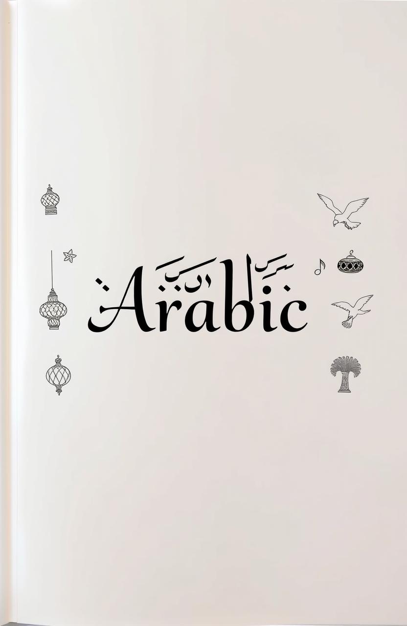 A book cover design featuring elegant Arabic calligraphy displaying the word "Arabic" prominently, surrounded by whimsical line art illustrations that represent Arabic vocabulary, such as traditional Arabic lamps, geometric patterns, and stylized depictions of cultural symbols like a falcon and palm trees