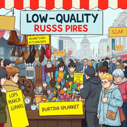 A humorous depiction of stereotypical low-quality Russian products displayed in a quirky market stall