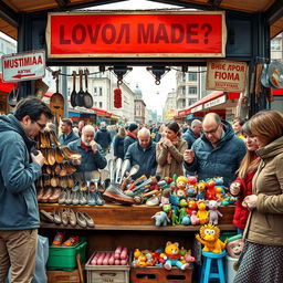A humorous depiction of stereotypical low-quality Russian products displayed in a quirky market stall