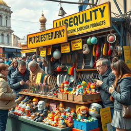 A humorous depiction of stereotypical low-quality Russian products displayed in a quirky market stall