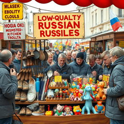 A humorous depiction of stereotypical low-quality Russian products displayed in a quirky market stall