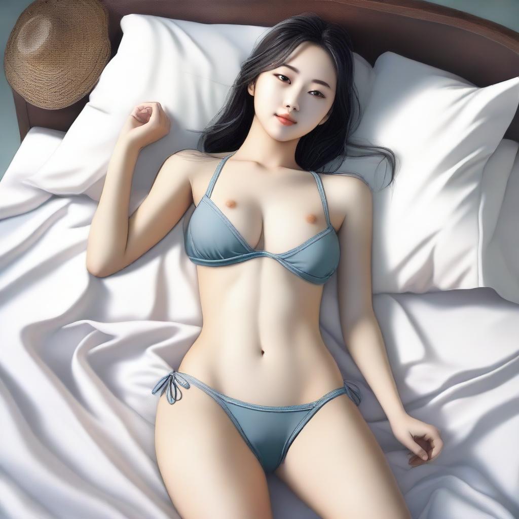 A digital art depiction of a charming Korean girl in a tasteful bikini, comfortably reclined on a bed