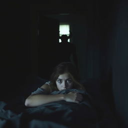 In a dark room, a scared young woman lies in her bed, her wide eyes reflecting fear as she stares toward the doorway