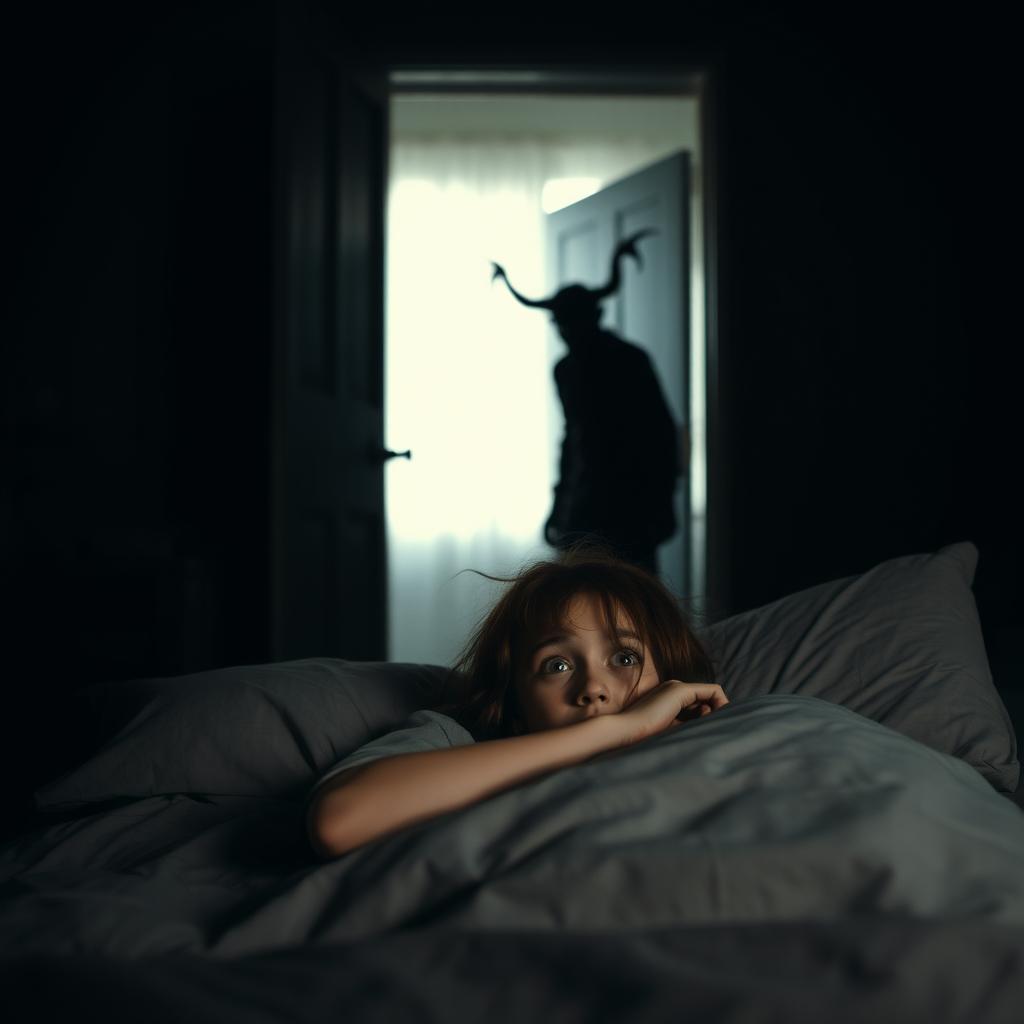 In a dark room, a scared young woman lies in her bed, her wide eyes reflecting fear as she stares toward the doorway