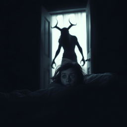 In a dark room, a scared young woman lies in her bed, her wide eyes reflecting fear as she stares toward the doorway