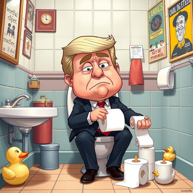 A humorous depiction of a fictional character resembling a world leader in a cartoonish style, sitting on a toilet with a perplexed expression on his face, looking around for toilet paper