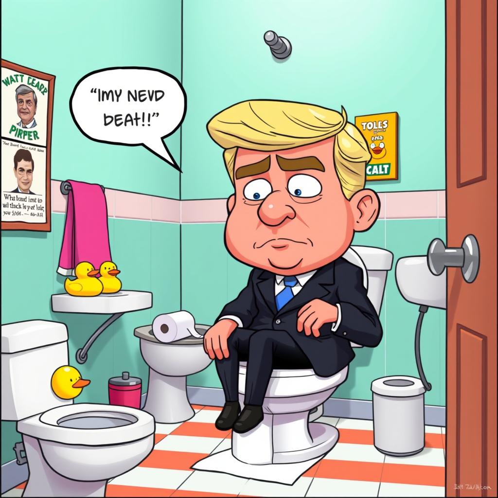 A humorous depiction of a fictional character resembling a world leader in a cartoonish style, sitting on a toilet with a perplexed expression on his face, looking around for toilet paper