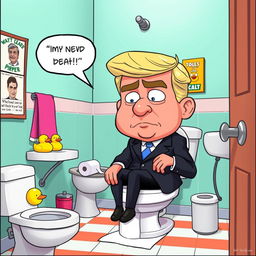 A humorous depiction of a fictional character resembling a world leader in a cartoonish style, sitting on a toilet with a perplexed expression on his face, looking around for toilet paper