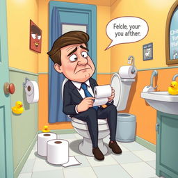 A humorous depiction of a fictional character resembling a world leader in a cartoonish style, sitting on a toilet with a perplexed expression on his face, looking around for toilet paper