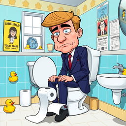 A humorous depiction of a fictional character resembling a world leader in a cartoonish style, sitting on a toilet with a perplexed expression on his face, looking around for toilet paper
