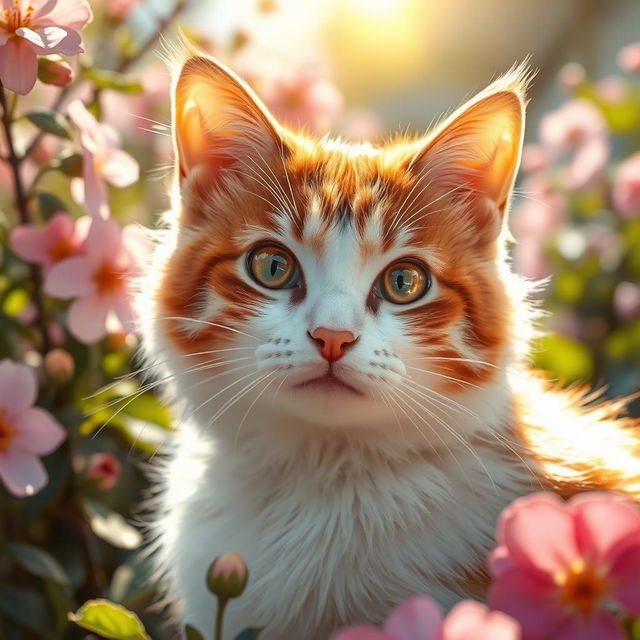 A finely detailed, beautifully artistic depiction of a cat, showcasing its elegant features and soft fur, capturing its curious eyes and charming demeanor in a serene setting of blooming flowers and sunlight