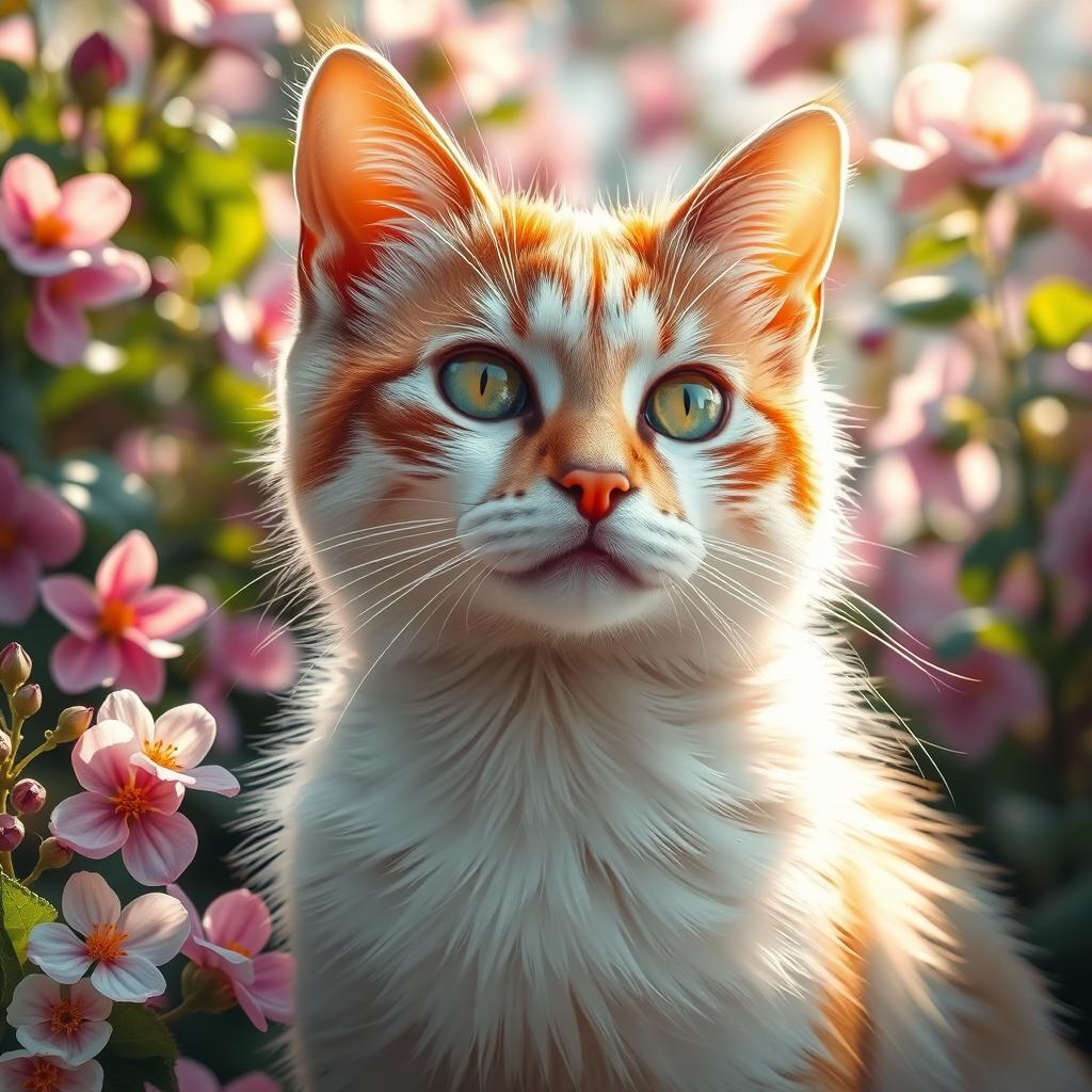 A finely detailed, beautifully artistic depiction of a cat, showcasing its elegant features and soft fur, capturing its curious eyes and charming demeanor in a serene setting of blooming flowers and sunlight