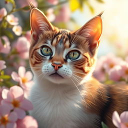 A finely detailed, beautifully artistic depiction of a cat, showcasing its elegant features and soft fur, capturing its curious eyes and charming demeanor in a serene setting of blooming flowers and sunlight