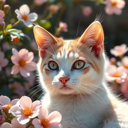 A finely detailed, beautifully artistic depiction of a cat, showcasing its elegant features and soft fur, capturing its curious eyes and charming demeanor in a serene setting of blooming flowers and sunlight