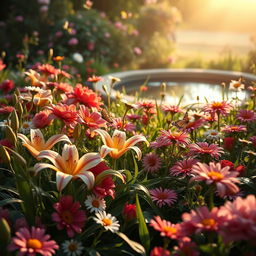 A stunningly beautiful close-up of a lush garden at dawn