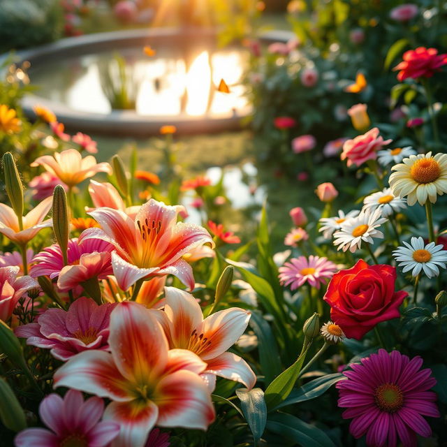 A stunningly beautiful close-up of a lush garden at dawn