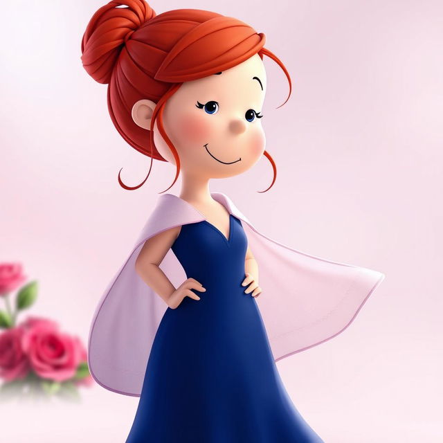 A cartoon character from the Peanuts comic strip dressed as Rose from Romeo and Juliet, featuring vibrant red hair loosely styled in a bun at the back, with a few soft tendrils framing her face to give a romantic and gentle look