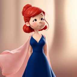 A cartoon character from the Peanuts comic strip dressed as Rose from Romeo and Juliet, featuring vibrant red hair loosely styled in a bun at the back, with a few soft tendrils framing her face to give a romantic and gentle look