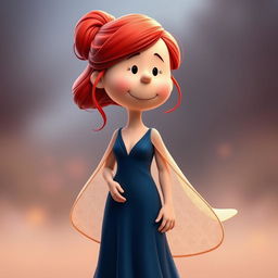 A cartoon character from the Peanuts comic strip dressed as Rose from Romeo and Juliet, featuring vibrant red hair loosely styled in a bun at the back, with a few soft tendrils framing her face to give a romantic and gentle look