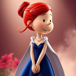 A cartoon character from the Peanuts comic strip dressed as Rose from Romeo and Juliet, featuring vibrant red hair loosely styled in a bun at the back, with a few soft tendrils framing her face to give a romantic and gentle look