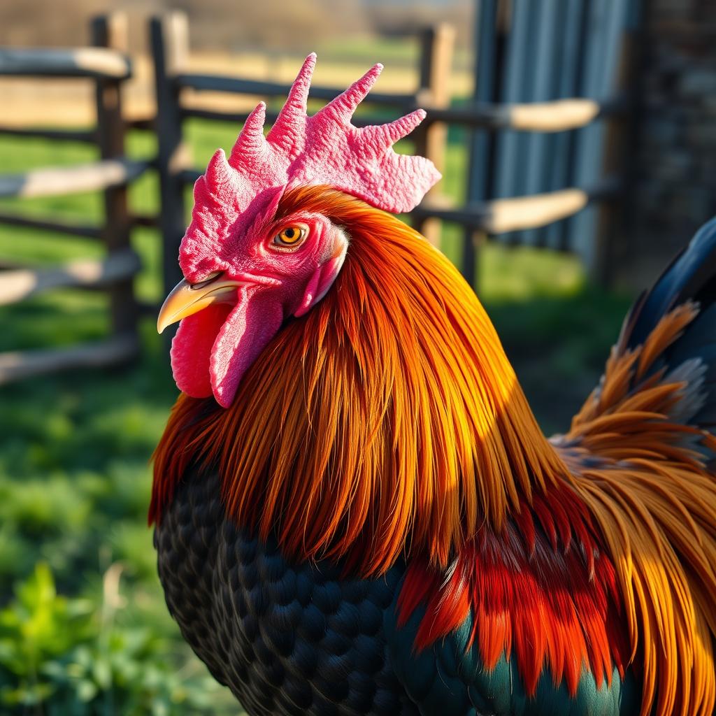 A close-up of a large, muscular rooster with vibrant feathers, showcasing its impressive size and details