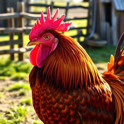 A close-up of a large, muscular rooster with vibrant feathers, showcasing its impressive size and details