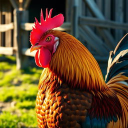 A close-up of a large, muscular rooster with vibrant feathers, showcasing its impressive size and details