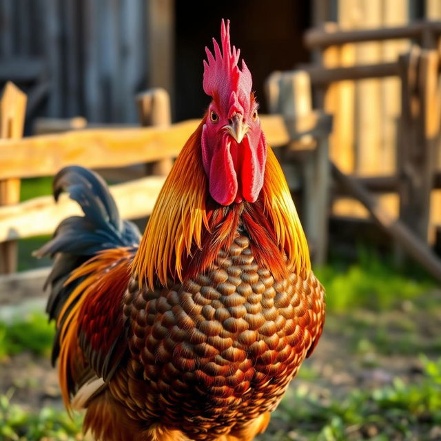 A close-up of a large, muscular rooster with vibrant feathers, showcasing its impressive size and details