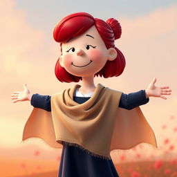 A cartoon character from the Peanuts comic strip dressed as Rose from Romeo and Juliet, sporting vibrant red hair styled in a loose half-up bun, with a few soft strands falling naturally around her face for a gentle look