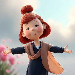 A cartoon character from the Peanuts comic strip dressed as Rose from Romeo and Juliet, sporting vibrant red hair styled in a loose half-up bun, with a few soft strands falling naturally around her face for a gentle look