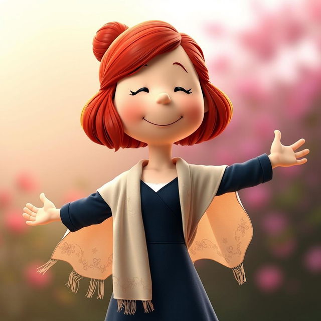 A cartoon character from the Peanuts comic strip dressed as Rose from Romeo and Juliet, sporting vibrant red hair styled in a loose half-up bun, with a few soft strands falling naturally around her face for a gentle look