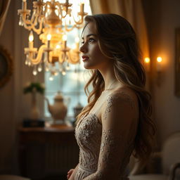 A close-up of a beautiful, elegantly dressed woman standing in a softly lit room, adorned with vintage decor