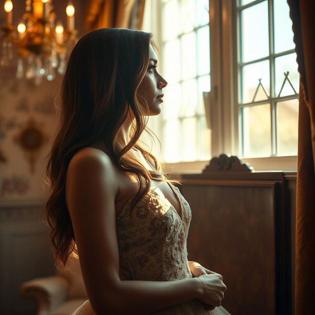 A close-up of a beautiful, elegantly dressed woman standing in a softly lit room, adorned with vintage decor