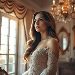A close-up of a beautiful, elegantly dressed woman standing in a softly lit room, adorned with vintage decor