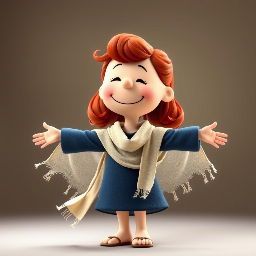 A Peanuts cartoon character dressed as Rose from Romeo and Juliet, featuring red, lightly curled hair styled in a loose half-up do with a few natural strands falling down