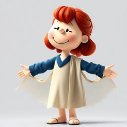 A Peanuts cartoon character dressed as Rose from Romeo and Juliet, featuring red, lightly curled hair styled in a loose half-up do with a few natural strands falling down