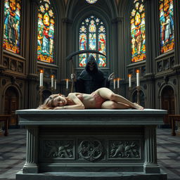 A beautiful young woman with thin features and long blonde hair is peacefully sleeping on a large, wide marble altar in a grand Catholic church
