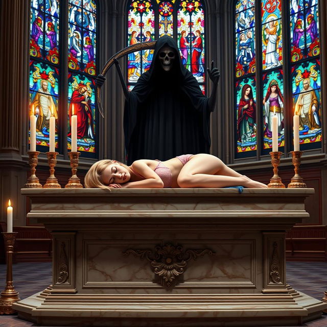 A beautiful young woman with thin features and long blonde hair is peacefully sleeping on a large, wide marble altar in a grand Catholic church